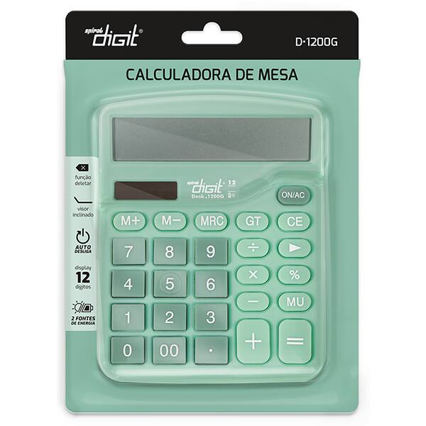 Calculadora de bolso (Bateria/Energia Solar), 12 dígitos, Verde, 1200G, Spiral Digit - CX 1 UN