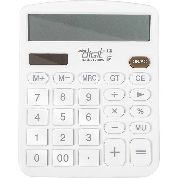 Calculadora de bolso (Bateria/Energia Solar), 12 dígitos, Branco, 1200W, Spiral Digit - CX 1 UN