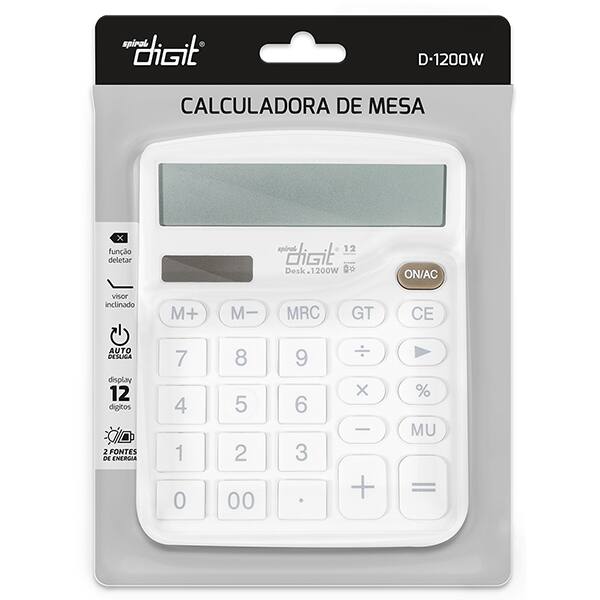 Calculadora de bolso (Bateria/Energia Solar), 12 dígitos, Branco, 1200W, Spiral Digit - CX 1 UN