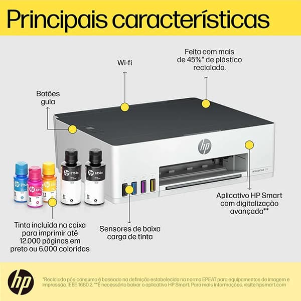 Impressora HP Smart Tank 210 Tanque de Tinta, Colorida, Wi-Fi, Conexão USB, Bivolt, 3D4L5A, HP CX 1 UN