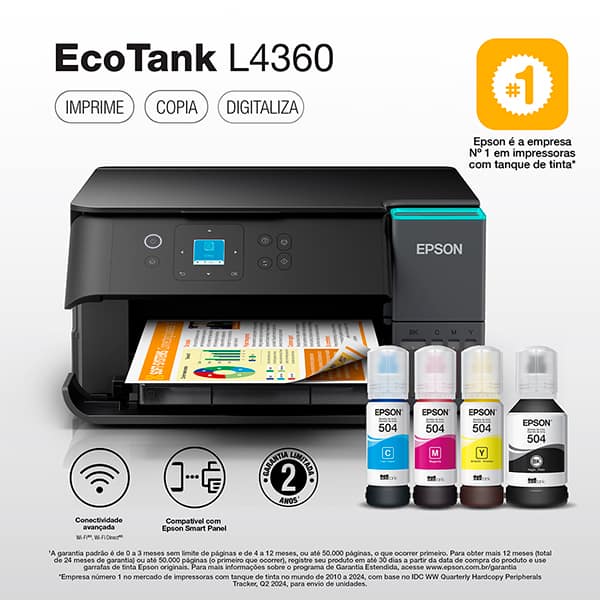 Impressora Multifuncional Tanque de Tinta Ecotank L4360, Duplex, Colorida, Wi-Fi, Conexão USB, Bivolt, Epson - CX 1 UN
