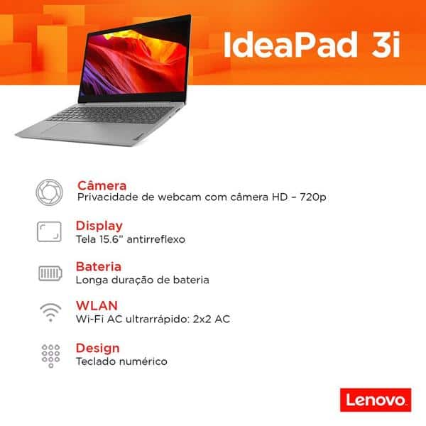 Notebook Lenovo Ideapad 3i, Intel Core i3, Windows 11, 4GB de Memória, 256GB SSD de Armazenamento, Tela de 15" - CX 1 UN