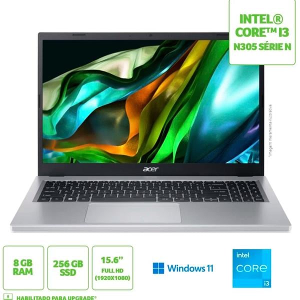 Notebook Aspire 3, A315-510P-34XC, Processador Intel Core I3, Windows 11 Home, 8GB de Memória, 256GB SSD de Armazenamento, Tela de 15.6", Acer - CX 1 UN CX 1 UN