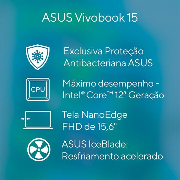 Notebook Asus Vivobook X1502ZA, Processador Intel Core I5-12450H, 8GB de Memória, Armazenamento 256GB SSD, Windows 11 Home, Prata, Tela de 15,6", EJ1762W, Asus - CX 1 UN