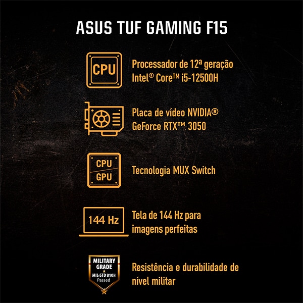 Notebook Gamer TUF Gaming F15, Placa de Vídeo Dedicada 4GB NVIDIA GeForce RTX 3050, Intel Core i5, 16GB de Memória, 512GB SSD de Armazenamento, Windows 11, Tela de 15,6", FX507ZC4-HN232W, ASUS - CX 1 UN