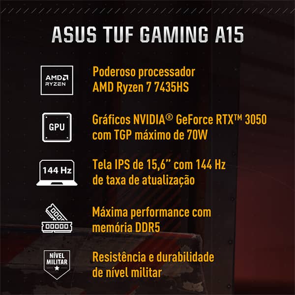 Notebook Gamer TUF Gaming A15, Placa de Vídeo Dedicada NVIDIA GeForce RTX 3050, AMD Ryzen 7, 16GB de Memória, 512GB SSD de Armazenamento, Windows 11, Tela de 15,6", Cinza, Asus - CX 1 UN