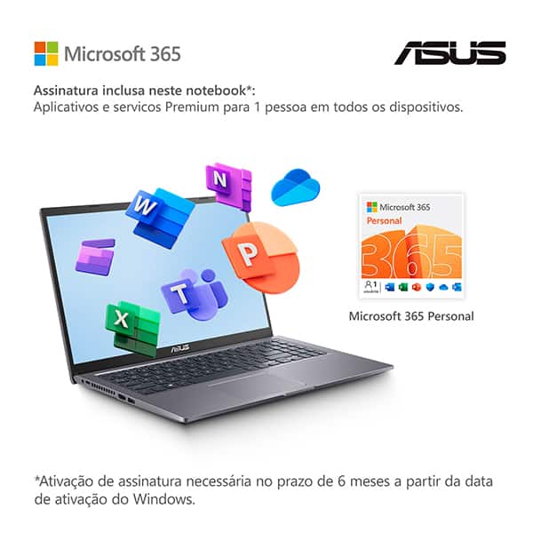 Notebook ASUS X515KA, Intel Celeron N4500 Dual Core, 4GB de Memória, Armazenamento 128GB SSD, Windows 11 Home, Tela de 15,6", Cinza, com Microsoft 365 Personal 12 Meses* ASUS – CX 1 UN