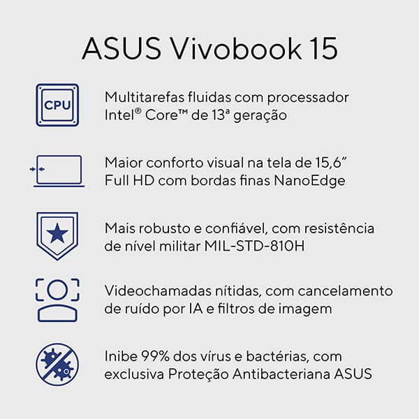 Notebook ASUS Vivobook X1504VA, Intel Core i5, 8GB de Memória, Armazenamento 256GB SSD, Windows 11 Home, Tela de 15,6", Cinza, ASUS – CX 1 UN