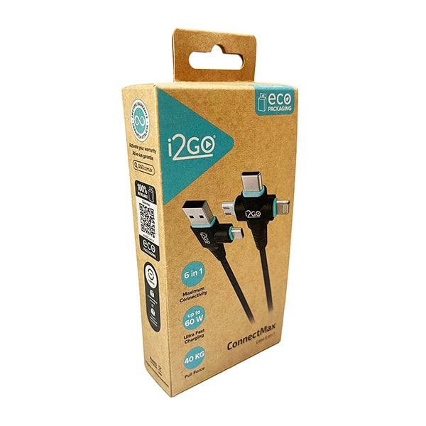 Cabo 6 em 1: Lightning + USB + USB Tipo-C + Micro USB, 1,5m, Preto, PROCBL025, I2Go - CX 1 UN