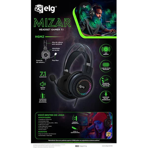 Headset Gamer Mizar 7.1, 3D, USB, HGMZ, Elg - CX 1 UN