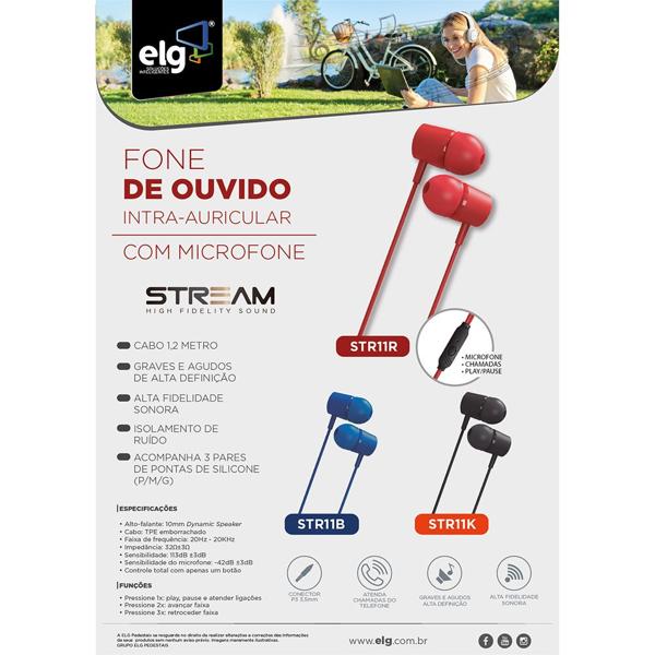 Fone de ouvido intra auricular com microfone, Vermelho, STR11R, Elg - CX 1 UN