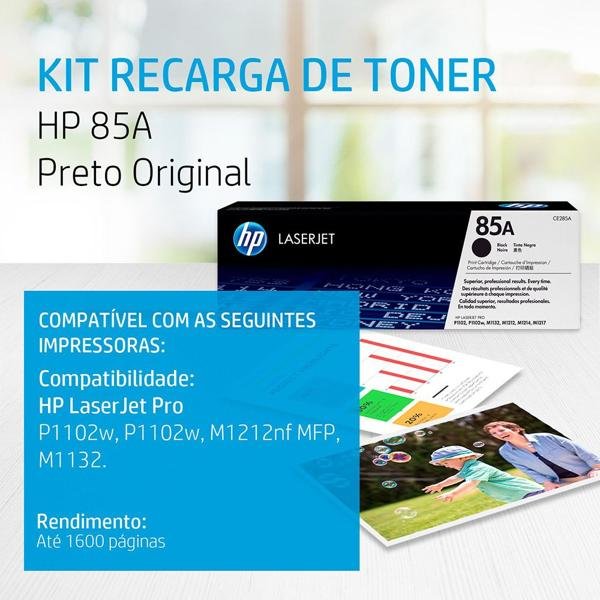 Toner HP 85A Preto Laserjet Original (CE285AB) Para HP Laserjet Pro P1102, P1102w, P1102w, M1212nf, M1132 CX 1 UN