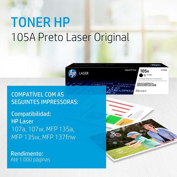 Toner HP 105A Preto Laser Original, W1105AB, HP - CX 1 UN