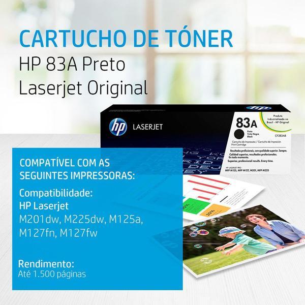 Toner HP 83A Preto Laserjet Original (CF283AB) Para HP LaserJet Pro M201dw, M225dw, M125a, M127fn, M127fw CX 1 UN