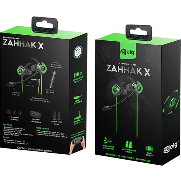 Fone de ouvido Earphone com microfonen Zahhak, Preto e Verde, EPZHGR, Elg - CX 1 UN
