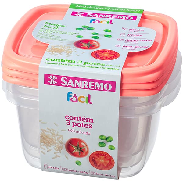 Pote plástico com 3 unidades, 800ml, cores sortidas, SR125/3C, Sanremo - PT 1 UN