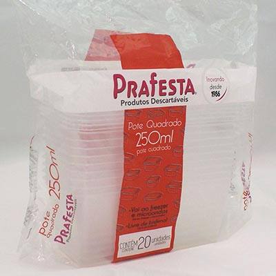 Pote plástico descartável quadrado 250ml c/tampa 8466 Prafesta PT 20 UN