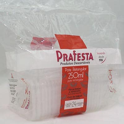 Pote plástico descartável retangular 250ml c/tampa 8302 Prafesta PT 24 UN