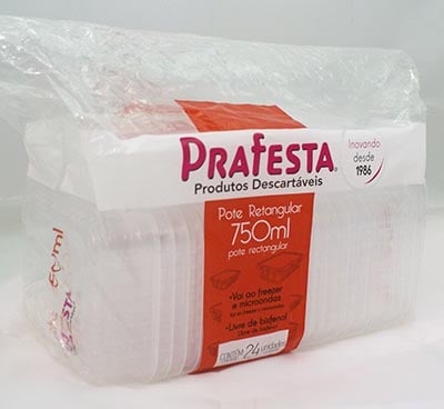 Pote plástico descartável retangular 750ml c/tampa 8316 Prafesta PT 24 UN