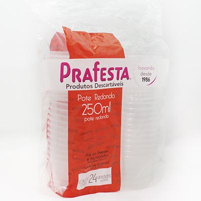 Pote plástico descartável redondo 250ml c/tampa 8201 Prafesta PT 24 UN