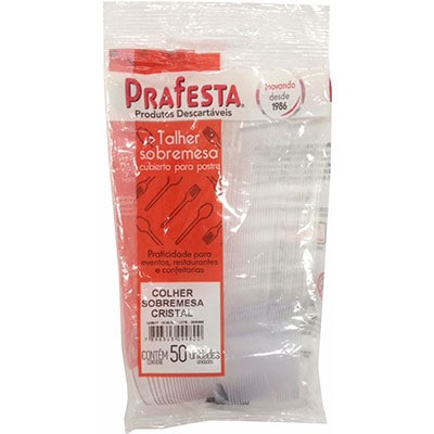 Colher plástica descartável sobremesa cristal 9980 Prafesta PT 50 UN