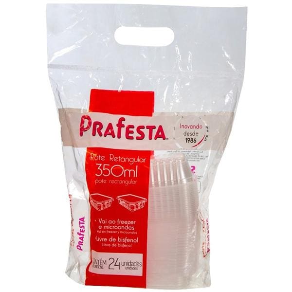 Pote plástico retangular com tampa, 350ml, 8308, Prafesta - PT 24 UN