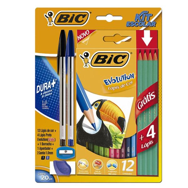 Kit escolar, 2 Canetas BIC Cristal Dura Mais + Lápis de Cor BIC Evolution 12 Cores + 1 Apontador + 1 Borracha, 970942 - CX 1 UN