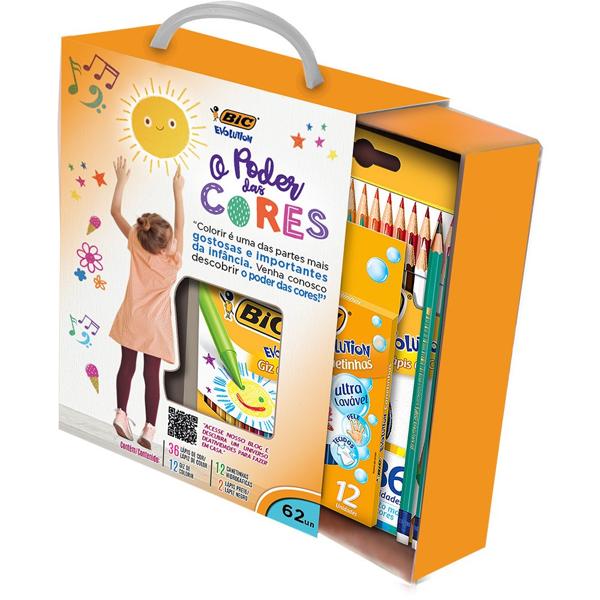 Kit Escolar Poder das Cores com Lápis de Cor, Giz de Cera, Canetinhas Hidrográficas e Lápis Preto, 971228, BIC - CX 62 UN