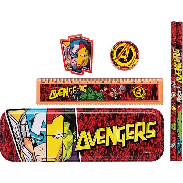 Conjunto Escrita Avengers Fun c/7 itens: Estojo Metálico, Lápis Pretos, Régua, Apontador e Borracha - Molin - BT 7 UN