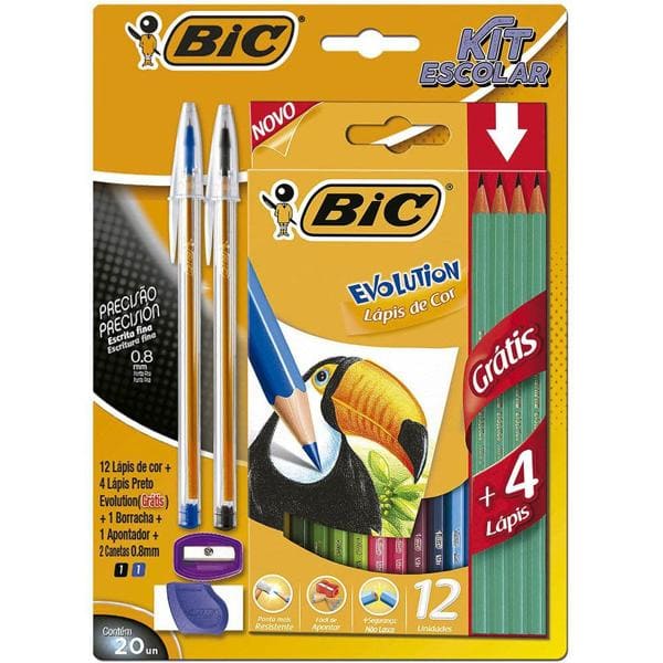 Kit Escolar BIC, 12 Lápis de Cor + 4 Lápis Preto Evolution + 2 Canetas Cristal Dura + 1 Borracha + 1 Apontador - CX 1 UN