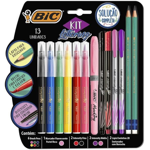 Kit Lettering BIC com 13 itens: 6 Canetas Brush Pen, 1 Marca Texto, 2 Intensity Média, 2 Intensity Fina, 2 Lápis Evolution com Borracha, 971080 - BT 1 UN