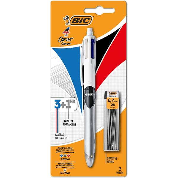 Caneta Esferográfica Retrátil BIC 3 Cores e Lapiseira 0.7mm Fluo, Corpo prata Ponta Média de 1.0mm, BT 1 UN