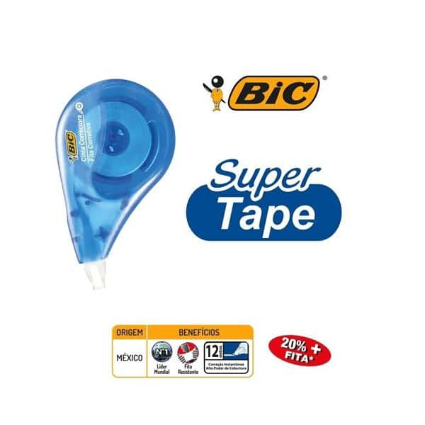 Corretivo em Fita BIC Super Tape 12 Metros, Correção Instantânea, Formato Anatômico, 891820 - BT 1 UN