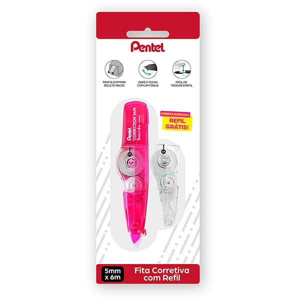 Corretivo em fita, 5mmx6m Rosa, com refil, SM/ZTP205R, Pentel - BT 1 UN