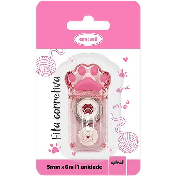 Corretivo em fita Patinha de gato, 5mm x 6m, Rosa, CTP94A, Oval - BT 1 UN
