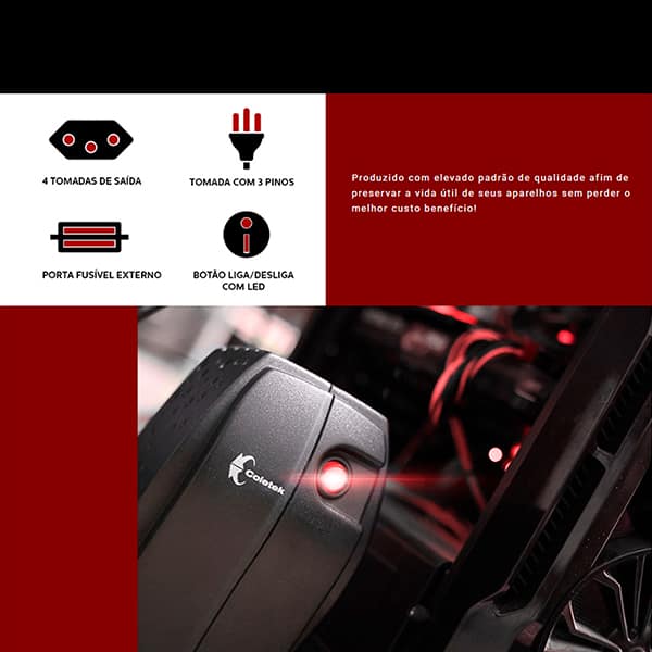 Estabilizador ES-500, 500va, 4 tomadas, Bivolt, 3160300801, Coletek - CX 1 UN