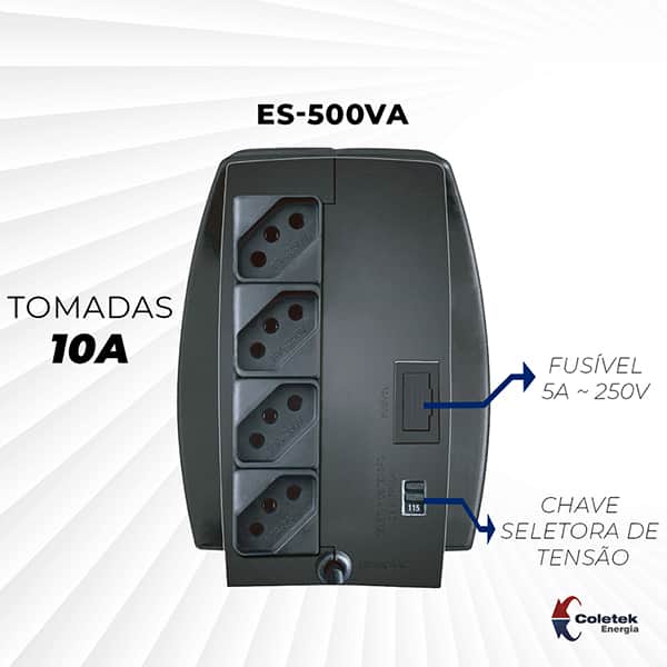 Estabilizador ES-500, 500va, 4 tomadas, Bivolt, 3160300801, Coletek - CX 1 UN