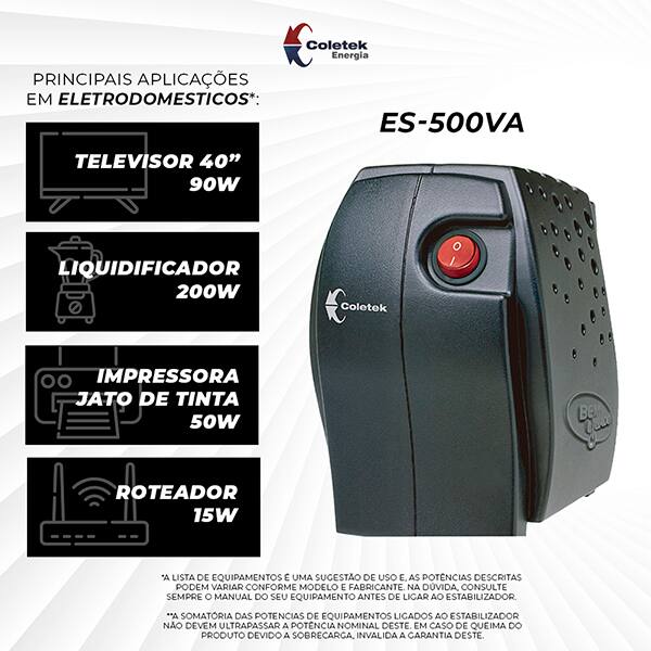 Estabilizador ES-500, 500va, 4 tomadas, 110v, 3160300801, Coletek - CX 1 UN