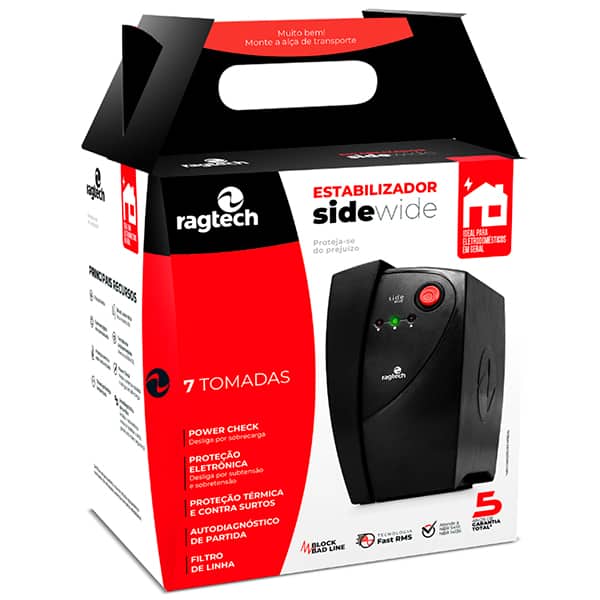 Estabilizador Side Wide 1000VA / 60Hz, Bivolt, 7 Tomadas, 20SWE5393, Ragtech - CX 1 UN Estabilizador Side Wide 1000VA / 60Hz, Bivolt, 7 Tomadas, 20SWE5393, Ragtech - CX 1 UN