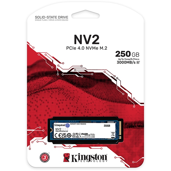 SSD 250 GB Kingston NV2, M.2 2280 PCIe Gen 4 NVMe, Leitura 3000MB/s Gravação 1300MB/s - SNV2S - BT 1 UN