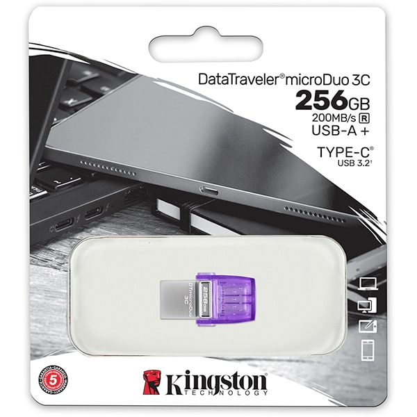 Pen Drive Dual Drive, DataTraveler, MicroDuo, 256GB, Conectores USB 3.2, Tipo-C e Tipo-A, DTDUO3CG3, Kingston - BT 1 UN