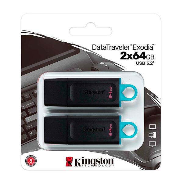 Kit com 2 Pen Drive 64GB USB 3.2, Datatraveler Exodia, Preto e Azul, DTX 2p IN, Kingston - PT 2 UN