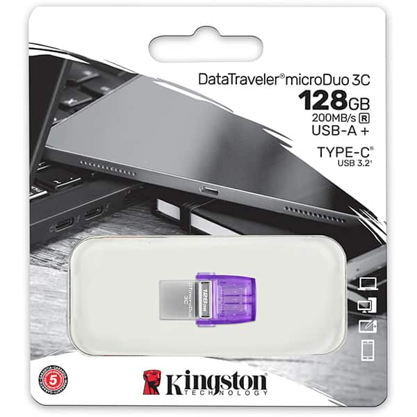 Pen Drive Dual Drive, DataTraveler, MicroDuo, 128GB, Conectores USB 3.2, Tipo-C e Tipo-A, DTDUO3CG3, Kingston - BT 1 UN