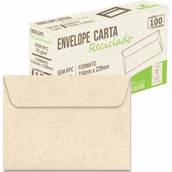 Envelope comercial, 11,4cm x 16,2cm, sem rpc, Reciclado, 75g, 004543R, Romitec - CX 100 UN