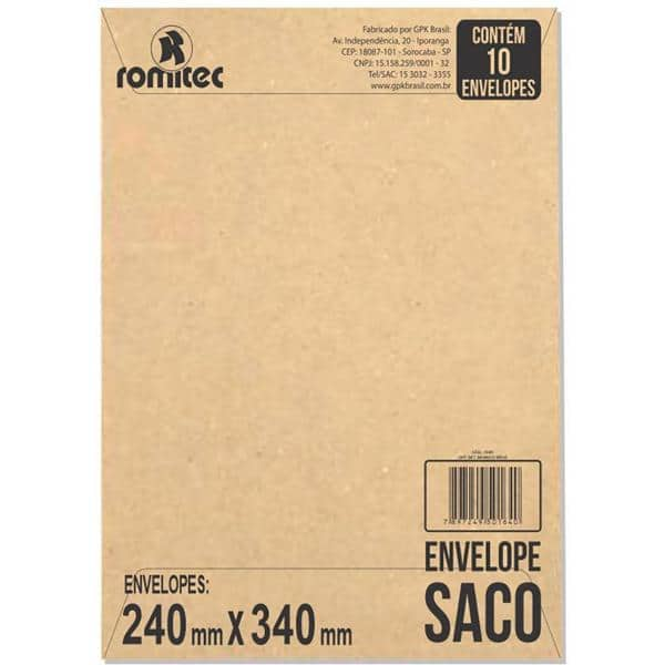 Envelope saco kraft natural 75g 240x340 kn34 000165R Romitec CX 10 UN