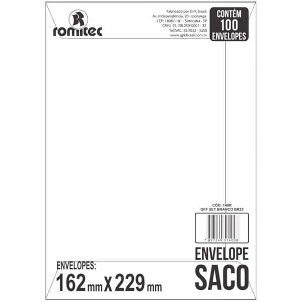 Envelope saco kraft branco 75gr 162x229 br-23 140 Romitec CX 100 UN