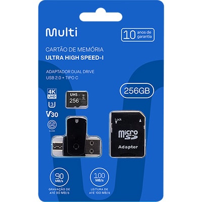 Cartão de memória micro SD 256gb, com Adaptador USB, ultra classe 10 Dual Drive, Multi BT 2 UN