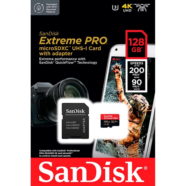 Cartão de memória micro SD 128gb, com adaptador, A2, SDSQXCD, SanDisk - BT 1 UN