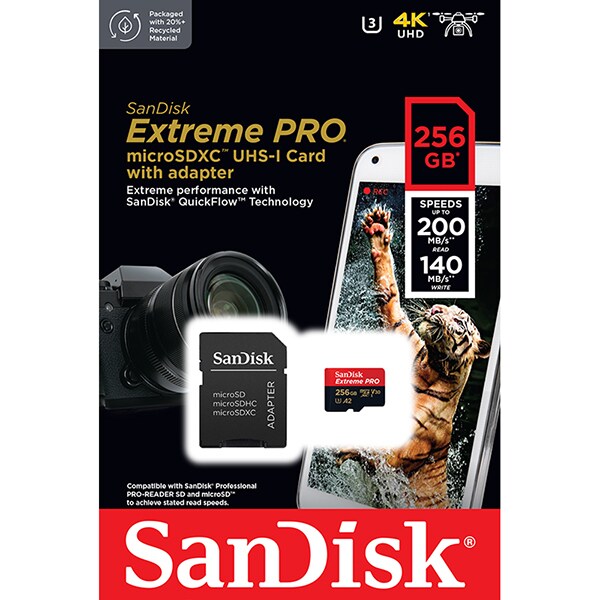 Cartão de memória micro SD 256gb, com adaptador, A2, SDSQXCD, SanDisk - BT 1 UN