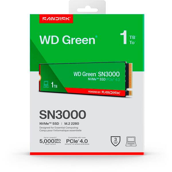 SSD 1TB WD Green, SN3000, M.2 2280 PCIe Gen 4 NVMe, Leitura 5000MB/s Gravação 4200MB/s - 100T4G0E, Western Digital - CX 1 UN